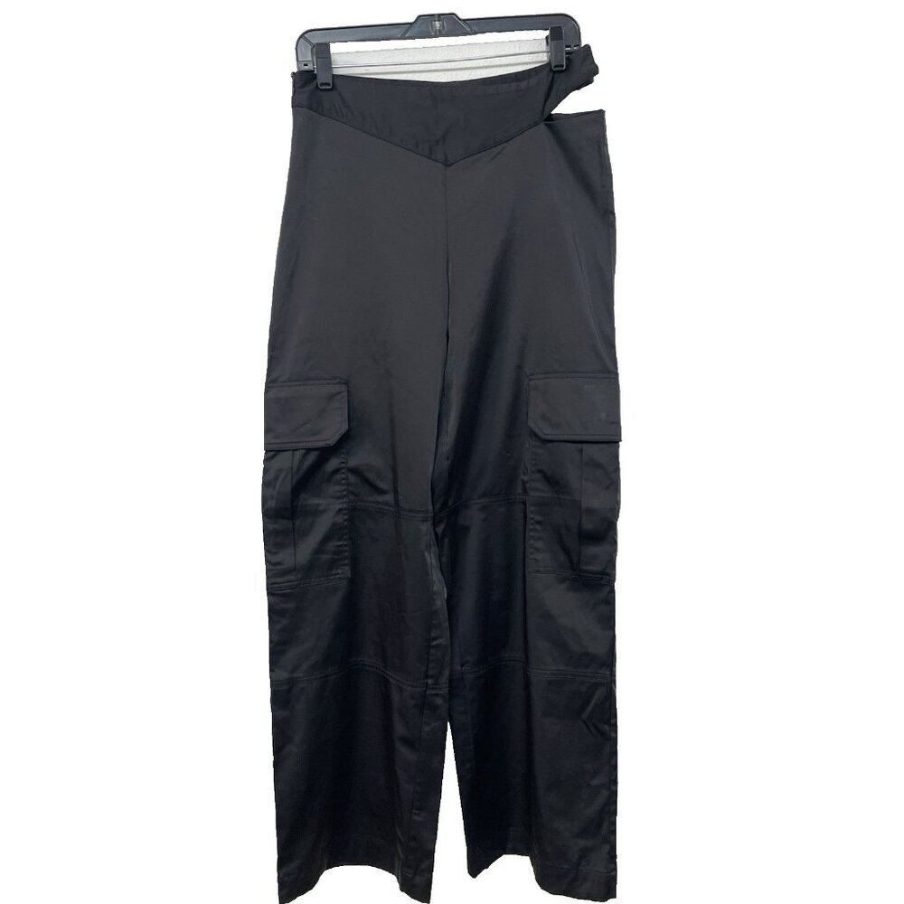 Zara Women's Black Satin Effect Cargo Pants Wide Leg Size Sm Flat Front Side Zip